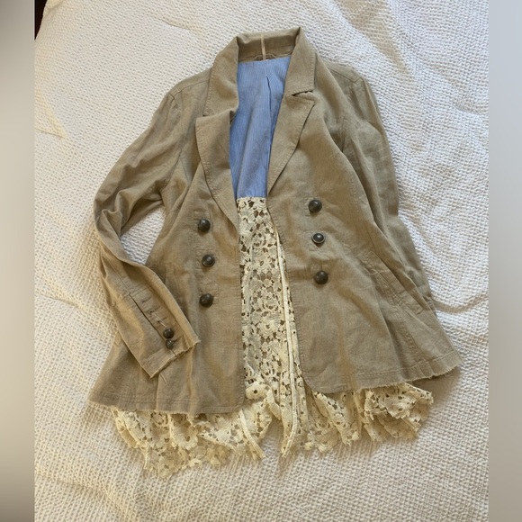 Free People Jackets & Blazers - Free People Tan Blazer with Lace Detail